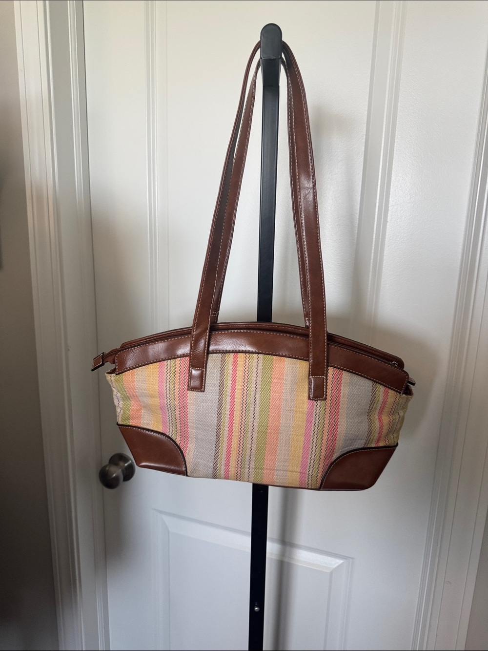 Canvas Stripe Shoulder Bag with Brown Trim